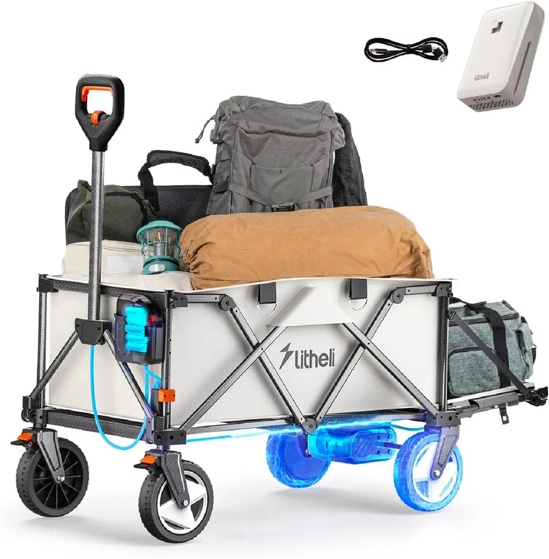 Utility truck, with a capacity of 200 liters and a load capacity of 300 pounds, featuring a foldable heavy-duty design, equipped with all-terrain wheels, featuring variable speed drive and battery power functions, suitable for camping, beaches, garde U5