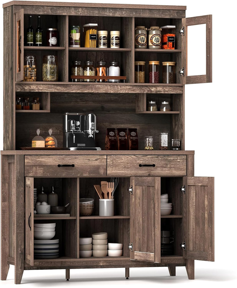 78.5-inch high kitchen cabinet storage unit, large storage cabinet with glass doors, equipped with drawers and adjustable shelves. The wooden kitchen storage unit has a microwave shelf, suitable for a home coffee bar. G0
