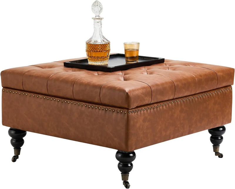 Square leather footstool with storage function, coffee table-style footstool with soft padded raised buttons, equipped with wheels, polyurethane leather high-density sponge, suitable for living room, dormitory, bedroom, in brown color scheme. K5