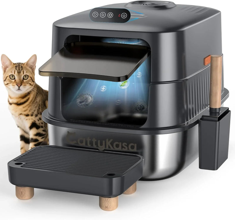 Stainless steel litter box, three-in-one enclosed high-sided litter box, equipped with a high lid, suitable for cats, anti-stick, anti-leak, easy to clean, with a scoop and filter step. F3