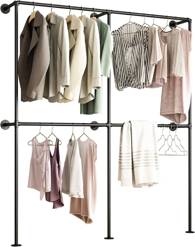 Industrial-style wall-mounted pipe clothes hanger, wall-mounted clothes hanger with double hanging rods, for closet storage (gold) Q7
