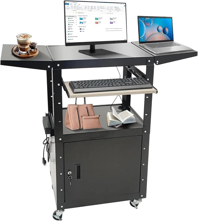 Upgraded AV Cart, Adjustable-Height Steel AV Cart with Locking Cabinet and Pullout Keyboard Tray, Rolling Media Cart with Wheels & Power for Computer Laptop Projector Printer (Black/43"x18"x43") I1