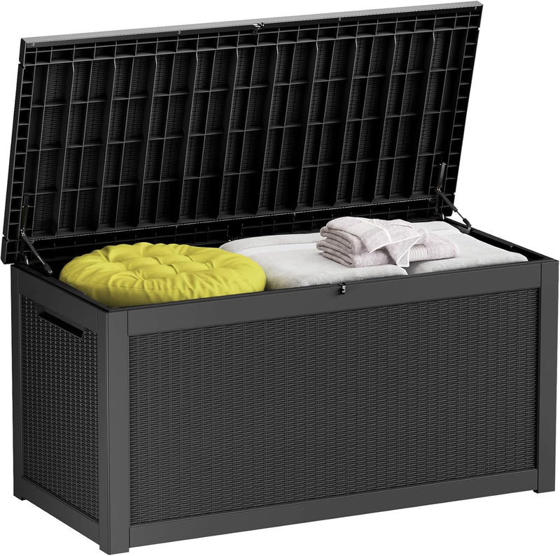 260-gallon large outdoor storage XL outdoor box, suitable for garden furniture, outdoor cushions, garden tools, sports equipment and pool supplies. Made of waterproof resin material, lockable, in gray color scheme. W2