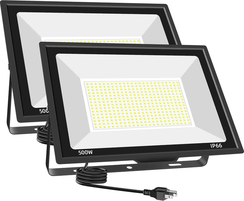 500W LED Flood Light Outdoor 2 Pack, 2000W Equivalent FloodLight with Plug, Super Bright 55000LM 5000K Daylight White IP66 Waterproof Commercial Lighting for Sports Fields,Courts,Arena,Stadium L9