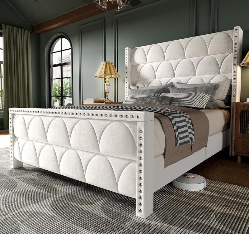 King Size Bed Frame with 56" Headboard - 1000LBS Capacity Support, Velvet Upholstered Wingback Platform Bed Frame, Noise Free, Sturdy Wooden Slat Support H2
