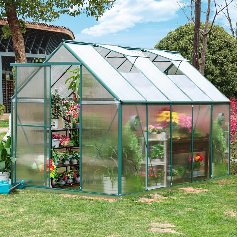 6'x10' Walk-in Greenhouse with 4mm 800G Polycarbonate Panels - Heavy-Duty Aluminum Frame, Wind/Snow Resistant for Gardening, Includes Sliding Door & Ventilation Windows (Green) Y5