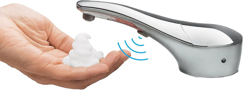 Automatic liquid soap dispenser, with a top-mounted contactless soap nozzle, capacity 34 ounces (1.0 liters), can be placed on the countertop of a public restroom, installation diameter 1-3/8 inches, chrome surface treatment. T2