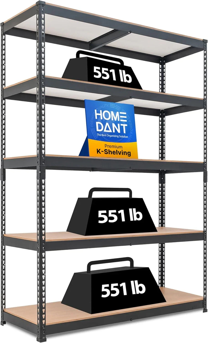 5 Layered laminated boltless heavy-duty vehicle storage adjustable wide-size metal shelf unit utility rack shelving storage multi-functional shelf shed storage area 47.7 inches wide x 18.2 inches deep x 71.3 inches high Black F6