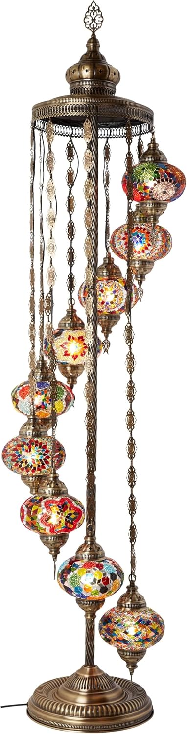 Turkish Moroccan mosaic floor lamp, with 9 lampshades and 6 feet in height - a Tafini-style standing decorative Bohemian-style lamp, equipped with colored lampshades, suitable for bedrooms, living rooms, and entrances - handmade in Turkey, available R5