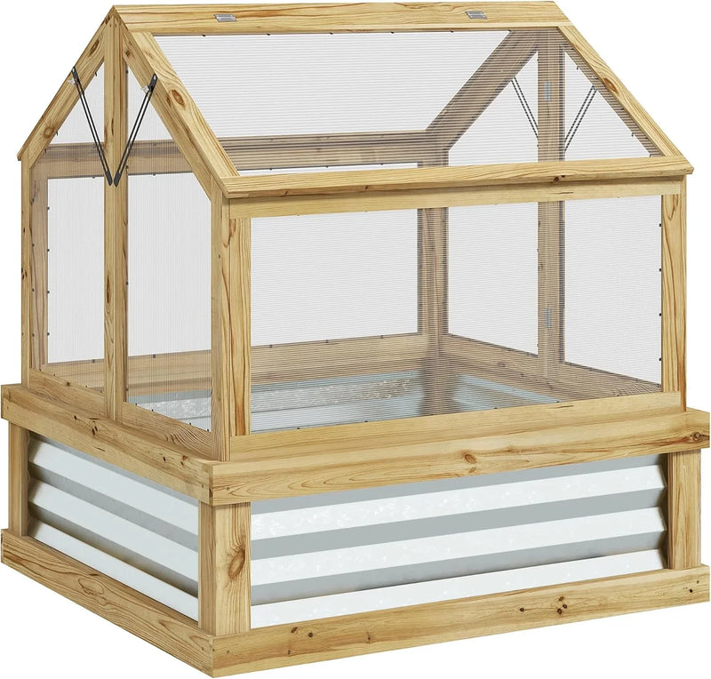 Raised Garden Bed with Polycarbonate Greenhouse, Wooden Cold Frame Greenhouse, Garden Flower Planter Protection, Peak Roof, 35.5" x 31.5" x 36", Natural O9