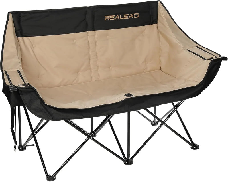 Double camping chair - Large-sized adult camping couple seat cushion suitable for two people. 650 pounds load-bearing capacity - Heavy-duty foldable camping chair, equipped with a cooling bag, suitable for outdoor activities and beach use. H2