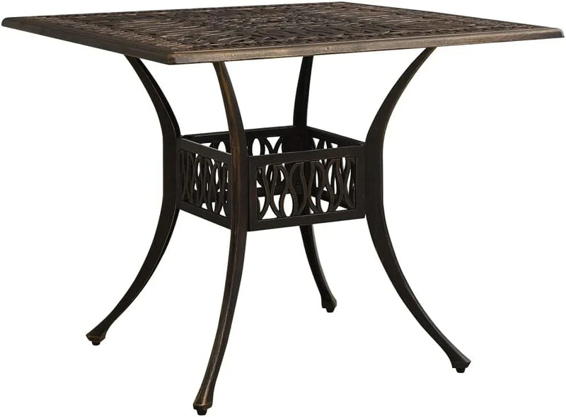 Bronze terrace table, made of cast aluminum, suitable for outdoor use, square design, stable and durable, with dimensions of 35.4 inches × 35.4 inches × 28.7 inches, equipped with umbrella holes, requires assembly. D8