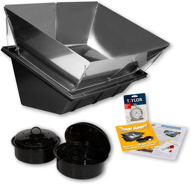 Dual Sport Solar Oven, Black, Portable Outdoor Cooking System with Reflectors, 27x17x12 Inch, 6.8 Qt Capacity, Includes 2 Pots, Thermometer, Wapi, Cookbook, and Instruction Manual Y4