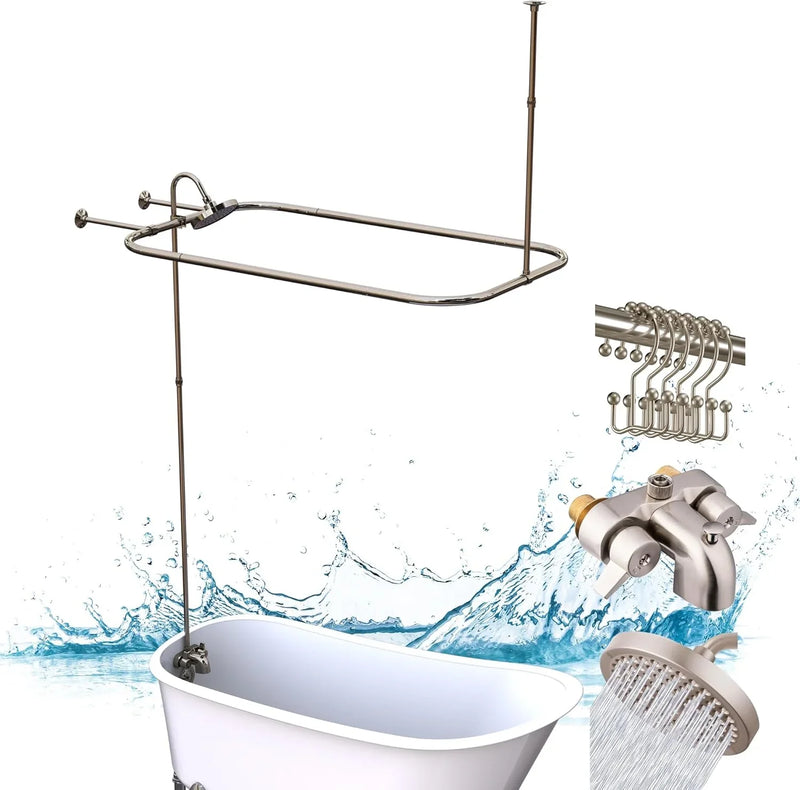 Clawfoot Tub Shower Kit, Add On Shower Units With Bathcock Diverter Faucet and 48" X 27“ Rectangular Claw foot Tub Shower Curtain Rod Kit,Claw foot Tub Shower Faucet Set,Brushed Nickel N2