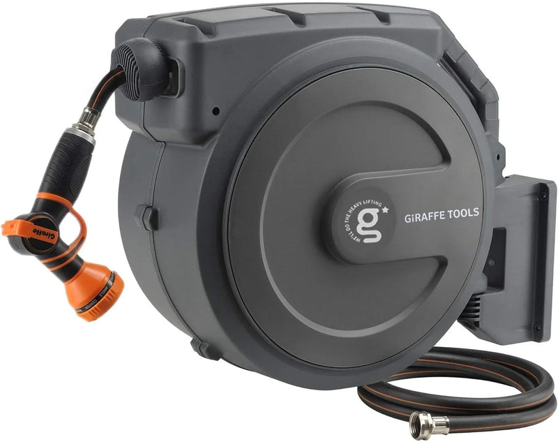 Tool-extendable garden hose reel, inner diameter 1/2 inch, length 155 inches, equipped with 5-foot extension hose, sturdy and durable, lockable at any length, slow retraction system, wall-mounted design, 180-degree rotating bracket W7