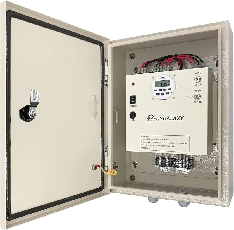 Electrically controlled timer for greenhouse roller shutters (for ventilation) uses an AC 110V to DC 24V transformer for timing control, enabling the opening or closing of the side top curtains of the greenhouse薄膜. W7