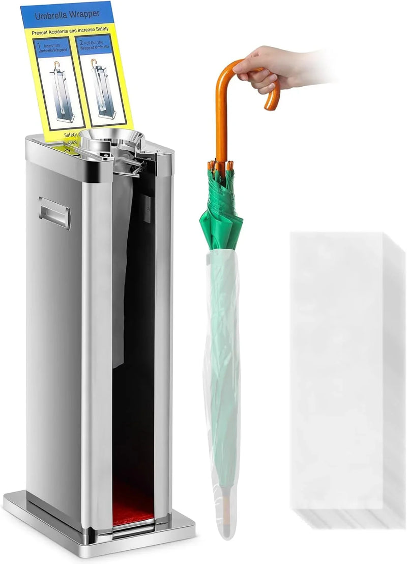Automatic wet umbrella packaging machine, stainless steel single-slot umbrella bag distributor bracket, equipped with 1000 long umbrella bags and warning signs, suitable for commercial shopping centers, hotels, in silver color. L7