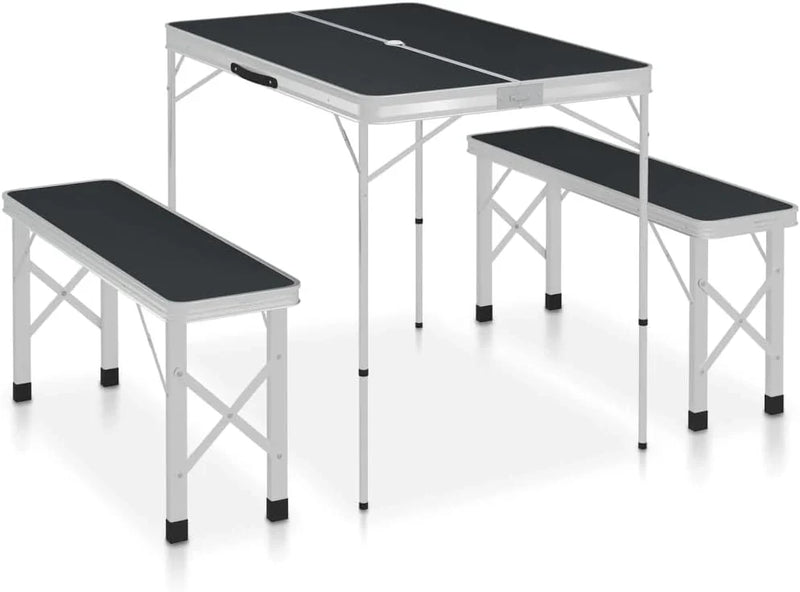 Folding Camping Table with 2 Benches Aluminium Grey,Item colourGrey and Silver V7