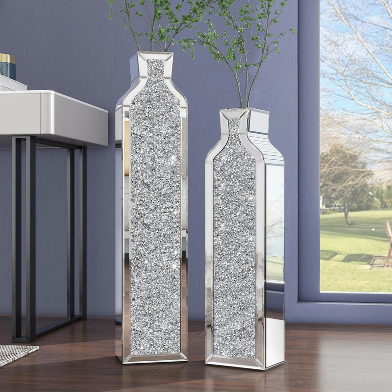 Floor vase crushing diamond reflective vase - Silver floor-style vase set (2-piece) - 24-inch and 30-inch large crystal goblet vases, suitable for living rooms, dining rooms, bedrooms, home corners, corridors, indoor offices and floors. A2