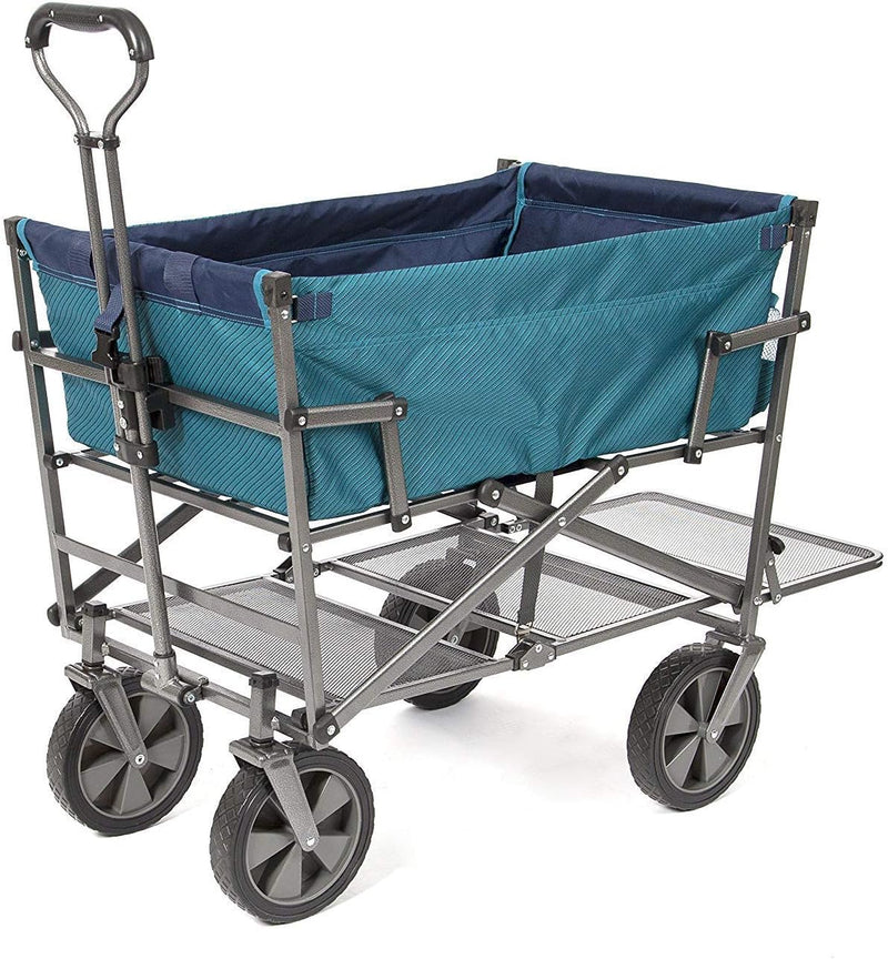 A foldable double-layer outdoor multi-functional truck, equipped with a long lower shelf, in blue-green color. T6