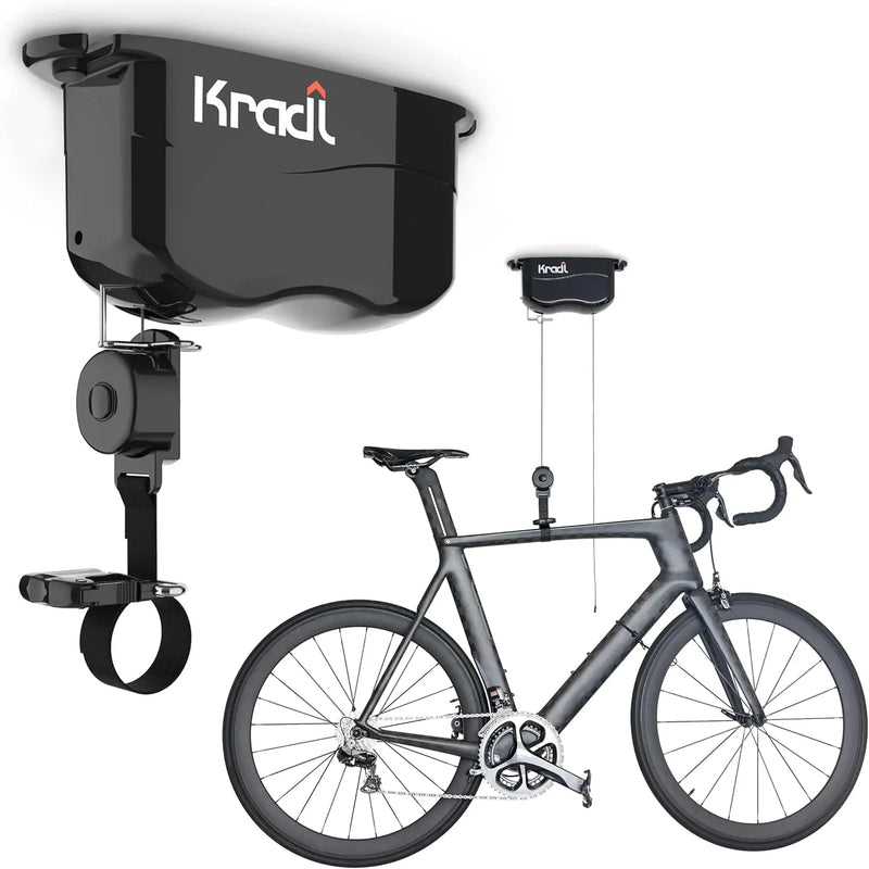 Wall-mounted bicycle lifting frame and storage rack. A bicycle storage and lifting frame that does not require electricity, nor clumsy ropes or pulleys. V7