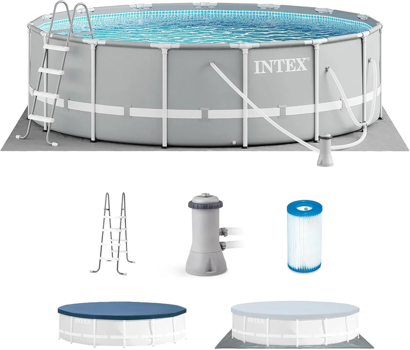 Above Ground Swimming Pool w/ Pump, Cover, & Ladder, 18' x 48", Prism Frame, Gray - Outdoor Round Family Pool w/ Filter, 42-Inch Deep Water P1