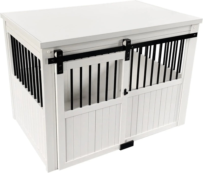 Farm sliding cowshed door furniture-style dog cage - antique white, large size. Unique style, durable and sturdy. Removable seat cushion. Easy to assemble. H6