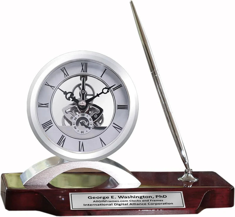 Desk clock, pen set, personalized, unique, silver clock, clear transparent case, gears, da Vinci, timepiece display, metal pen set, wooden desk stand, desk accessories, office, modern home, engraving U4