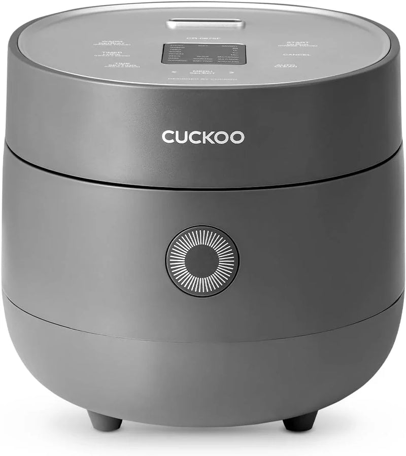 Electric rice cooker with 6-cup capacity (uncooked) / 12-cup capacity (cooked), modern fuzzy logic control, featuring timer function and insulation setting, compact model, multi-functional steamer, non-stick inner liner, gray exterior. N4