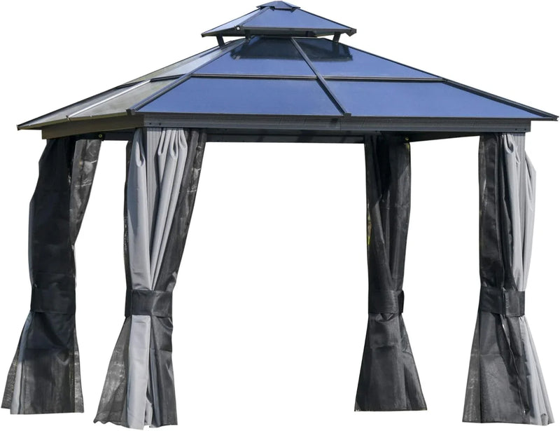 10 feet x 12 feet hard-top awning canopy, polycarbonate roof, aluminum frame, permanent outdoor awning, with net cover, suitable for patios, gardens, backyards, terraces, lawns, grasslands, light gray. D8