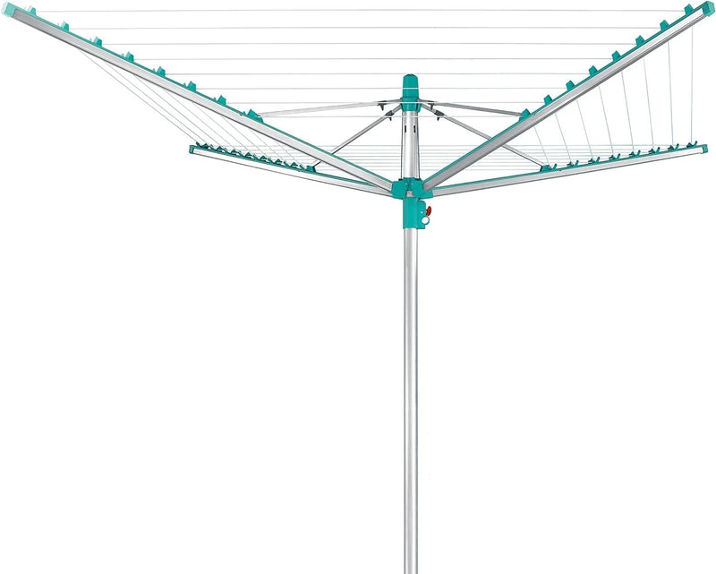 Simple drying machine, extendable by 50 meters to maintain cleanliness, made of fully rust-free aluminum material, with a shaft diameter of 3.28 meters and a maximum length of 2.03 meters. It has a pull-out rotating clothes drying rack, emerald green K1
