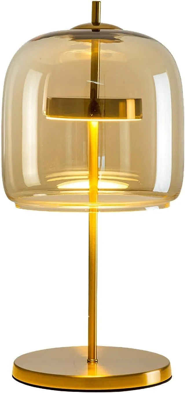 The amber desk lamp, the golden bedside lamp, the round bedside lamp for bedrooms and living rooms with a forged iron base, the glass lampshade and the LED bulb are all fully equipped. Y4