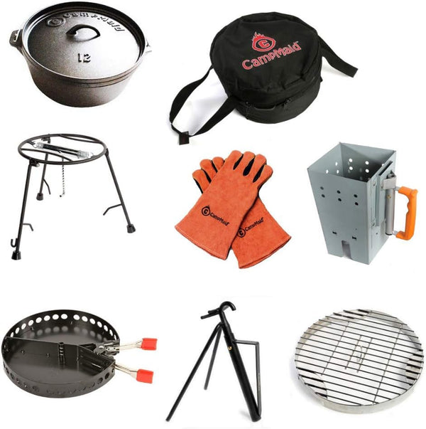 Outdoor Cooking Set - Dutch Oven and Tools Set - Charcoal Holder & Cast Iron Grill Accessories - Camping Grill Set - Outdoor Cooking Essentials - Camp Kitchen Equipment - (8 Piece Set) F1
