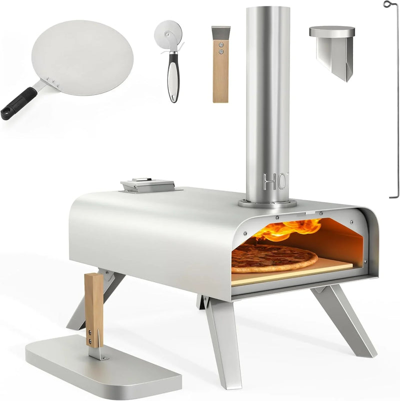 Wood-fired outdoor pizza oven, 12-inch portable pellet pizza oven, equipped with pizza tongs and pizza cutter, stainless steel silver pizza maker suitable for outdoor kitchen cooking J3
