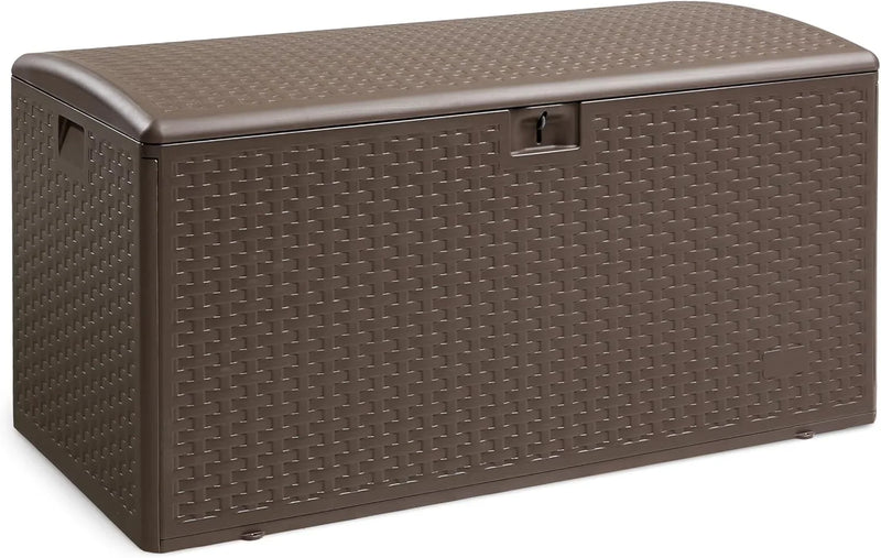 Outdoor patio storage box - 150 gallons. Loft box, waterproof and highly resistant to weather, suitable for furniture cushions and gardening tools, brown color scheme. A7