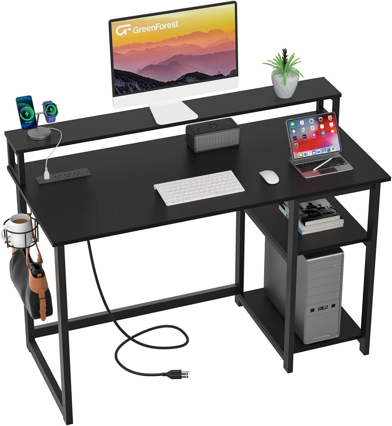 47 inch Computer Desk with Power Outlets, Small Home Office Desk with Ergonomic Monitor Stand, Reversible Gaming Desk, Modern Study Desk, Laptop Desk, White Q6