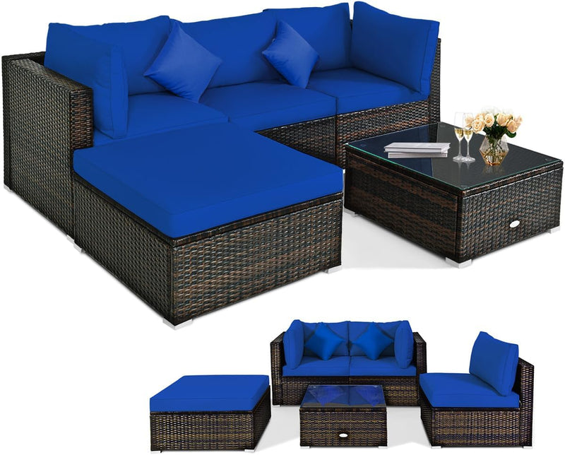 5 pieces of outdoor patio furniture, L-shaped rattan three-seater sofa with tempered glass coffee table, footstool, 3 single chairs, rattan outdoor party set, suitable for backyard, porch, balcony, black version W8