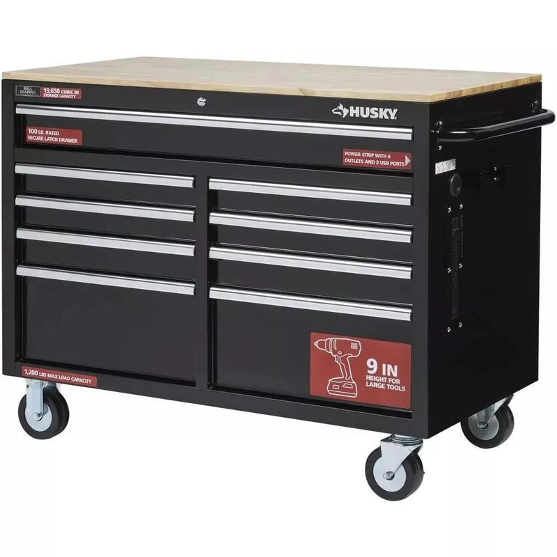 46 in. W x 24 in. D 9-Drawer Gloss Black Deep Tool Chest Mobile Workbench O2