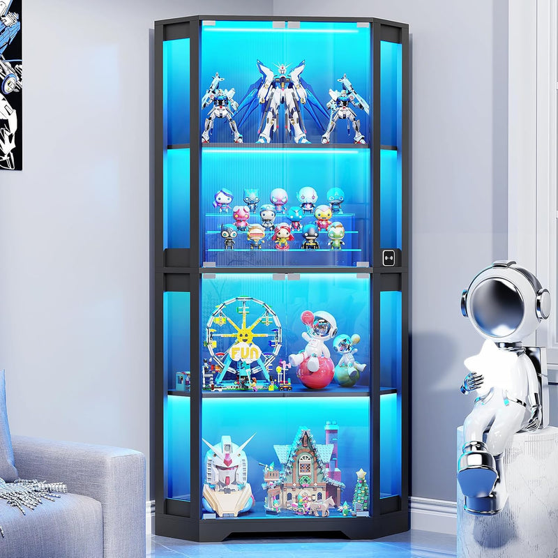 Corner Display Cabinet with Glass Doors, 65" Lighted Curio Cabinet with 3 Color Lights for Collectibles, 4-Tier Display Case Bookcase with Human Body Sensor for Toys, Books, Trophy, Black W9