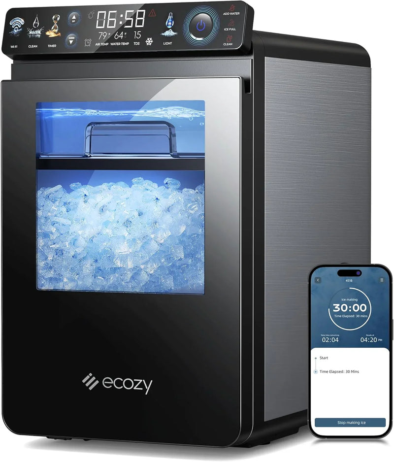 Nugget Ice Maker Countertop, Smart Pebble Ice Machine with APP Control, 44 lbs/24H Soft Pellet Chewable Ice with Self-Cleaning, Stainless Steel P0