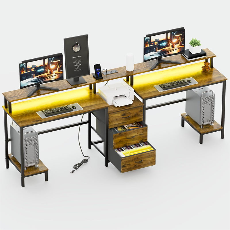 2 Person Desk with LED Lights & Charging Station – Long Desk for 2 with Storage Drawers, Monitor Riser, USB Ports & Outlets – Modern Study Table or Workstation for Home Office S2