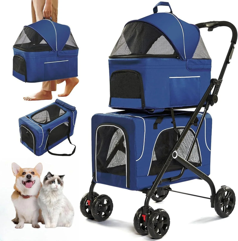 Double Dog Stroller for 2 Dogs, Detachable Carriers, Safety Belt, Lockable Wheels, Pet Travel Carrier Strolling Cart, Folding Cat Stroller for Small Medium Pets Dogs (Blue) U4