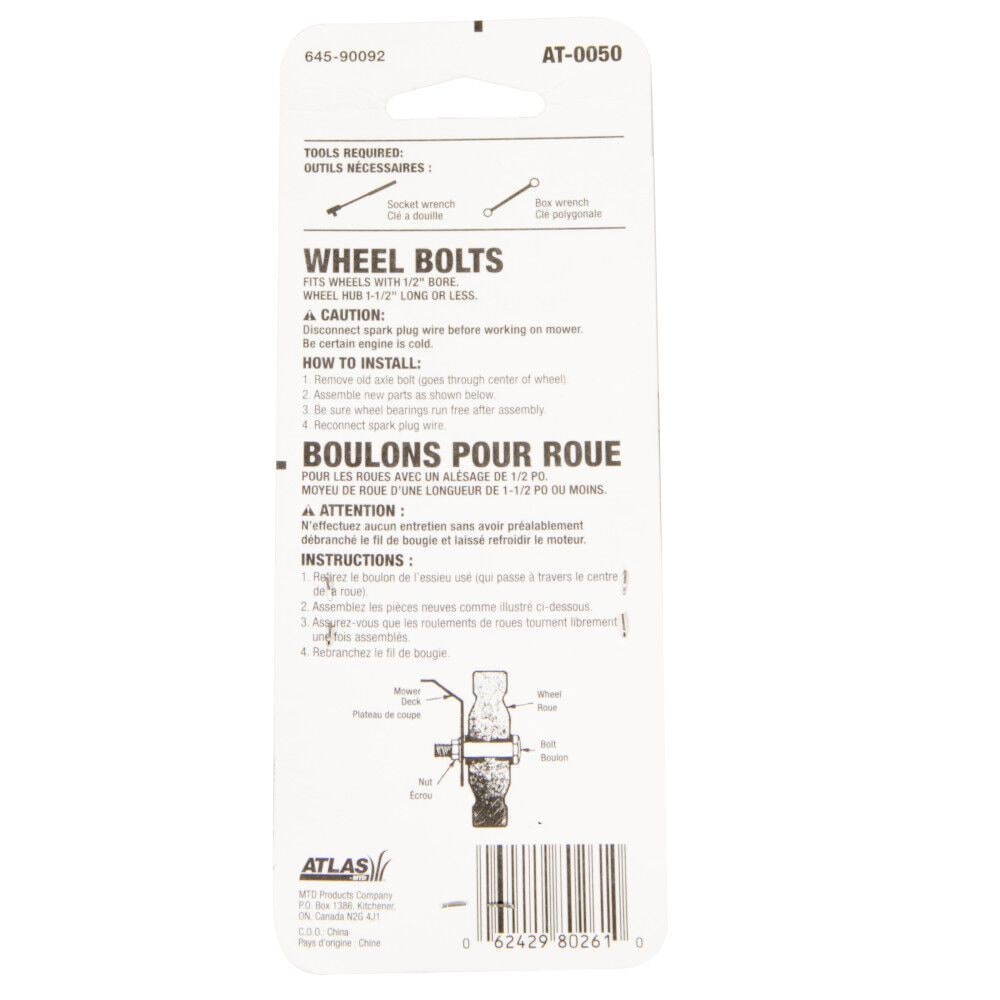 Atlas Universal Lawn Mower Wheel Bolts, 2-pk, 1-1/2-in