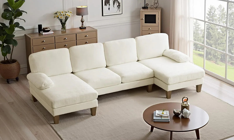 110" Sectional Couches for Living Room,U Shaped Couch with Double Chaise, 4-Seat Sofa Set with Chenille Fabric for Home Furniture,Beige H3