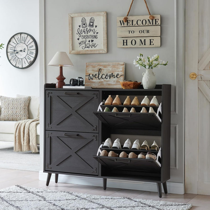 Shoe Storage Cabinet,Farmhouse Shoe Organizer with 4 Flip Drawers & Barn Door Design,Freestanding Hidden Slim Narrow Shoe Rack Cabinet for Entryway,Foyer,Hallway,Walnut S1
