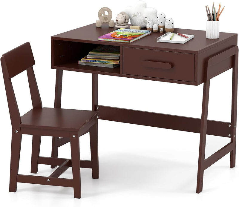 Kids Desk and Chair Set, Wooden Children School Study Table and Chair w/Storage Drawer & Hutch, Student Writing Desk Computer Workstation for Bedroom, Gift for 3 Years Old (White) G4