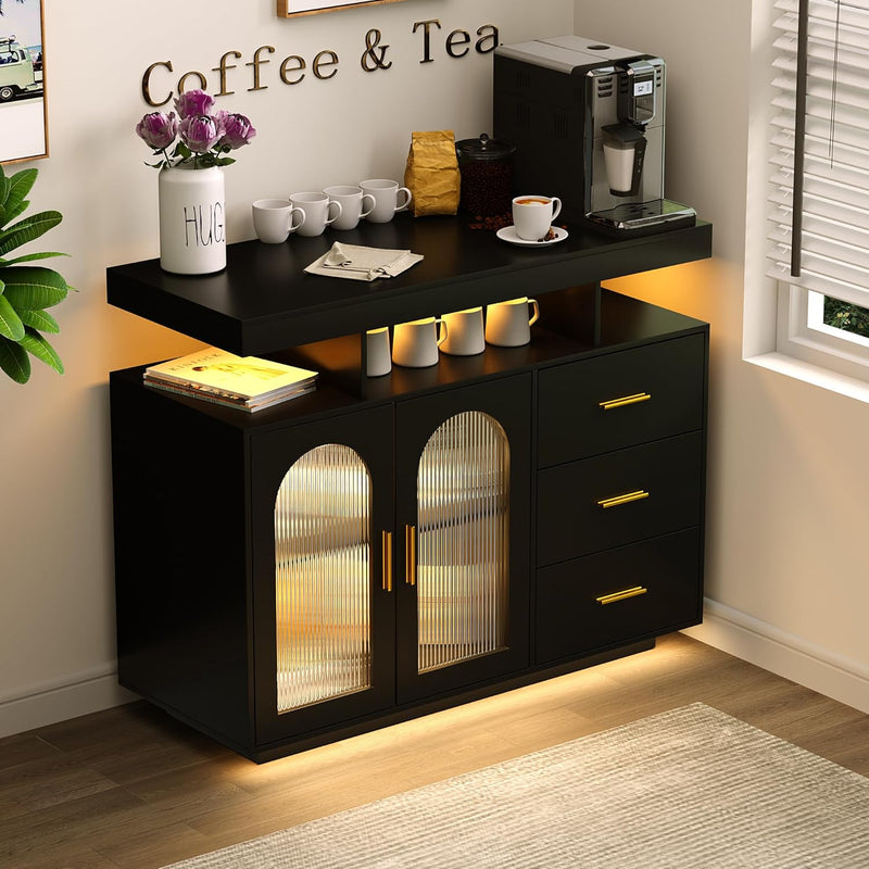 Bar Cabinet Kitchen Storage Cabinet with RGB Light, Human Sensor Design Sideboard Buffet Cabinets, Wood Coffee Bar Table with Shelf Capacity (Black) B3