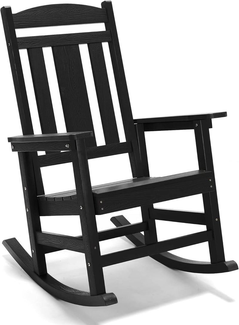 Rocking Chair Outdoor, Weather Resistant Poly Plastic Rocker Chairs, 350lb Heavy Duty, Oversized Porch for Adult, High Back Smooth Chairs Outdoor & Indoor, Black 1Chair S8