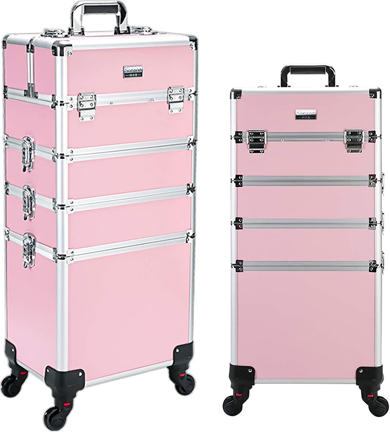 4 in 1 Professional Rolling Aluminum Cosmetic Makeup Train Organizer Storage Case Artist Train Case Salon Beauty Cosmetic Jewelry Organizer Trolley with 4 Wheels (All Black) D7