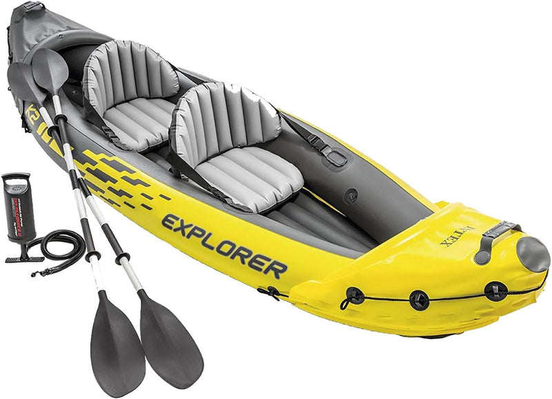 Explorer K2 Inflatable Kayak Set: Includes luxurious 86-inch aluminum paddle and high-output pump - extremely durable PVC material - adjustable seat with backrest - suitable for two people - maximum weight capacity 400 pounds L9